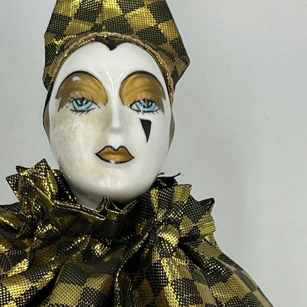 Vintage Porcelain Harlequin Clown‎ Doll Gold Black Checkered Jester 19.5 Inch